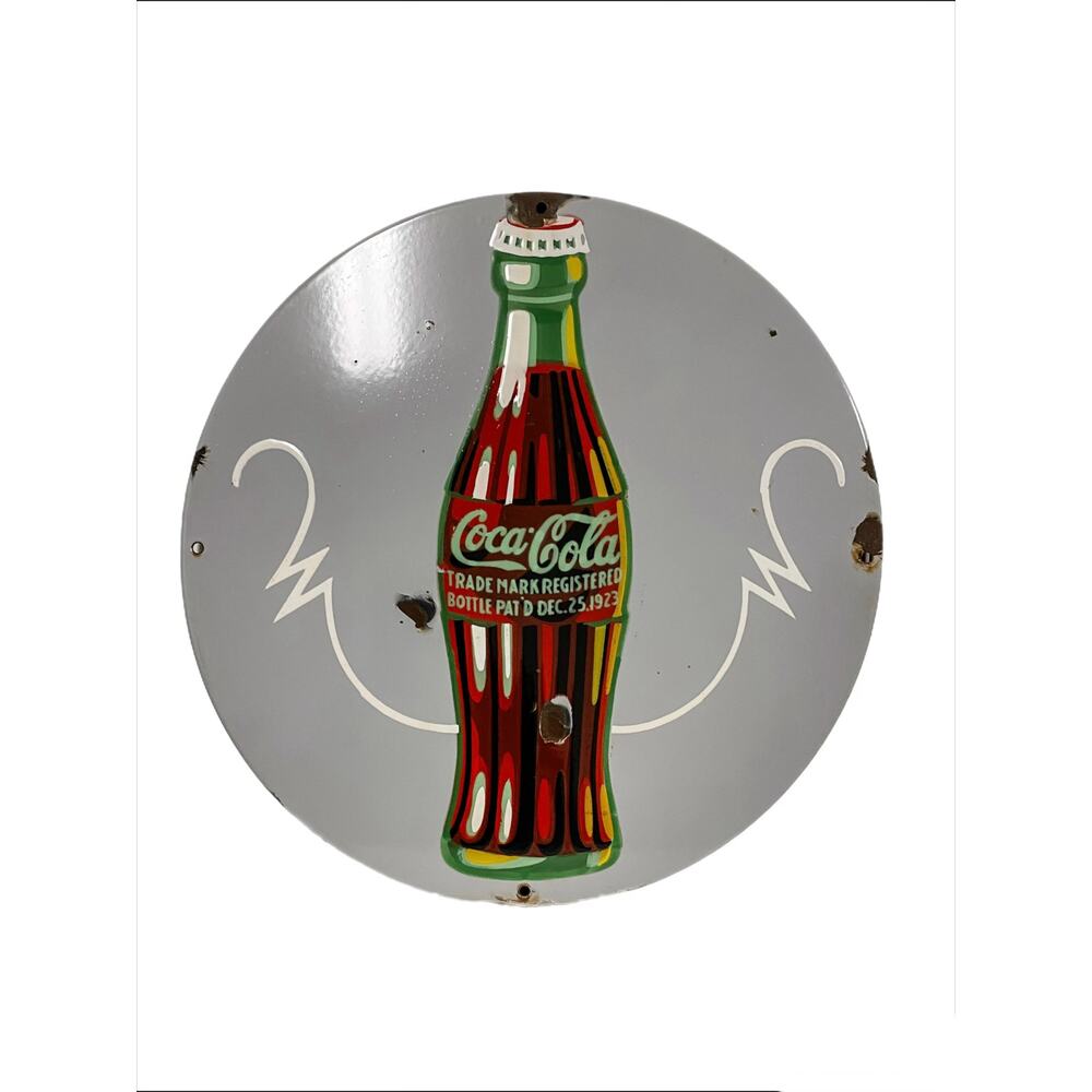 Vintage 1930's Porcelain Coca-Cola Gray Round Button Style Sign
